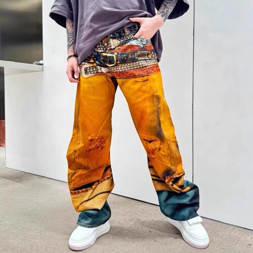 正确AC风格25ss弯刀3D打印多腰带印花破洞错觉长裤男女同款牛仔裤