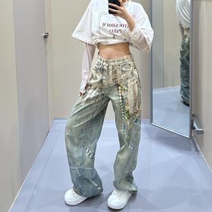 3D打印珍珠蕾絲掛飾25FW復(fù)古鏈條1981闊腿直筒男女牛仔長(zhǎng)褲 AC新款