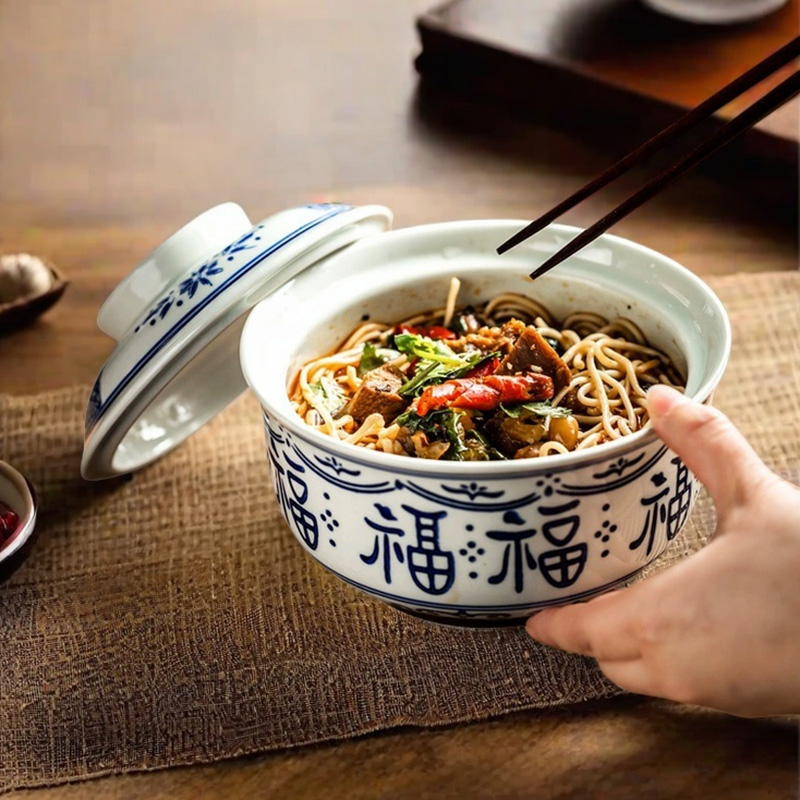 中式复古家用碗陶瓷泡面碗面碗蒸饭碗瓷碗个人专用带盖微波炉日式