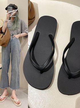 2024新款人字拖女ins潮夏外穿时尚夹脚沙滩平底拖鞋防滑黑色凉拖
