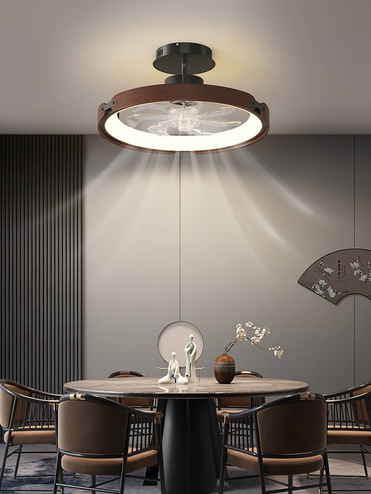 新中式实木餐厅隐形风扇吊灯简约家用卧室一体摇头电风扇灯餐桌灯