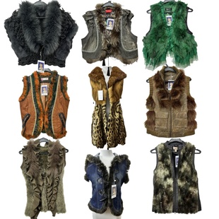 春夏小野古着vintageQ2美式 外套 复古人造毛马甲背心女冬外贸无袖