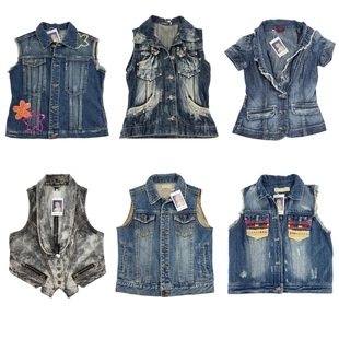 春夏小野vintage古着29复古牛仔马甲背心外贸水洗做旧无袖 亚文化