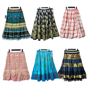 古着vintageB52海淘美式 春夏雪纺半裙复古印花亚比设计拼接半身裙