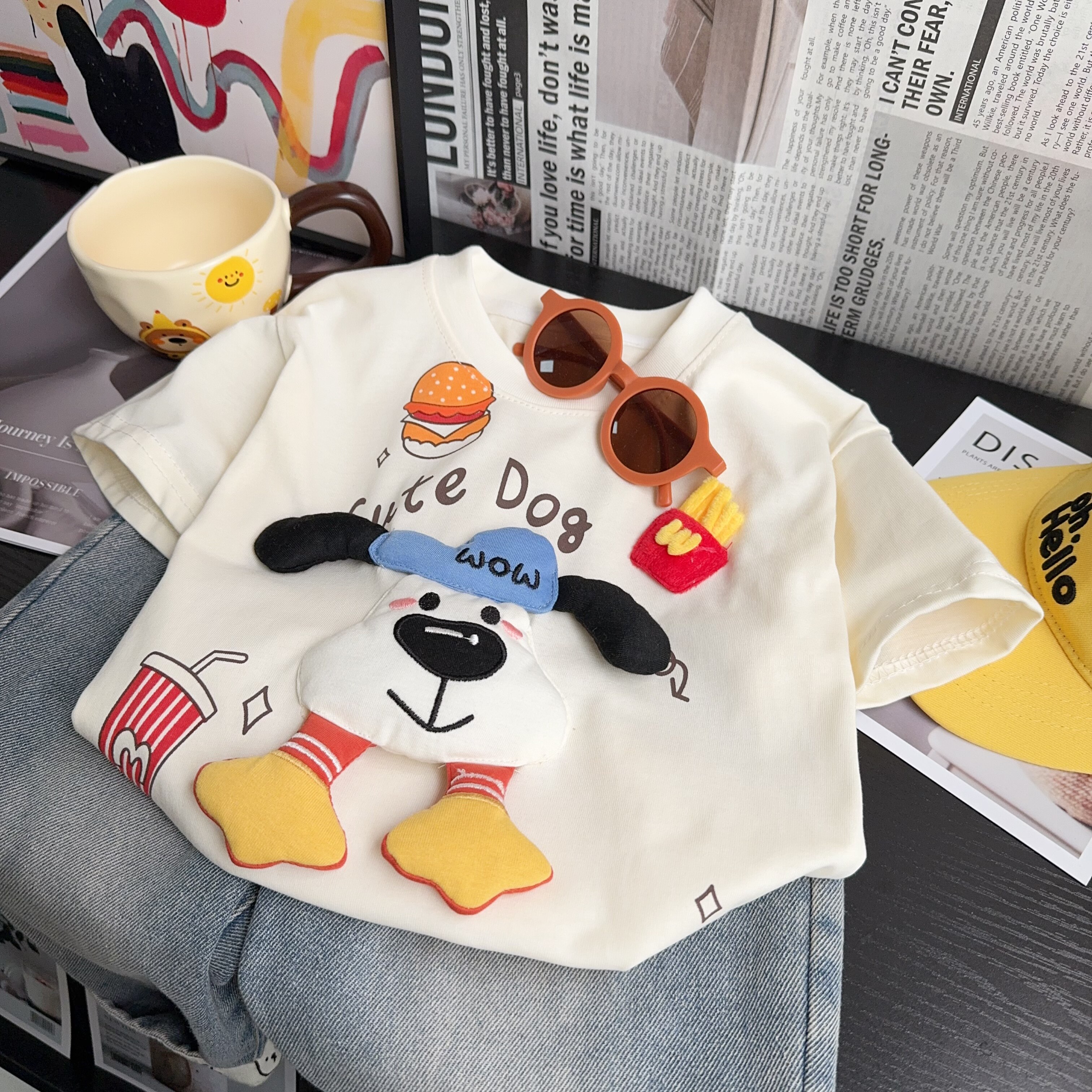 儿童短袖T恤立体玩偶狗狗纯棉夏装宝宝新款宽松韩版卡通上衣半袖