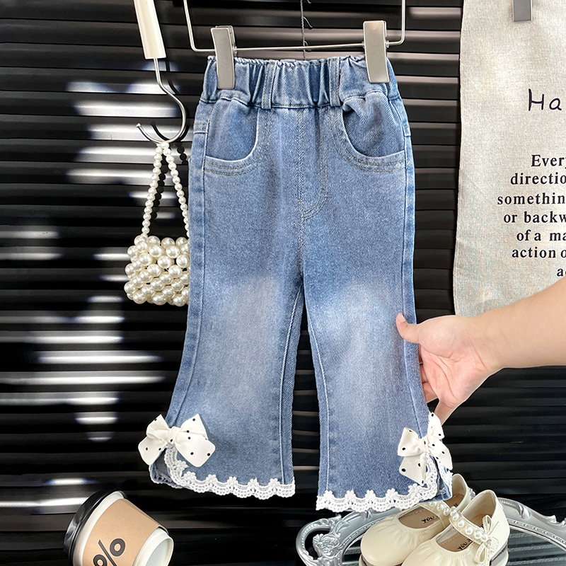 女童牛仔喇叭裤春秋季新款韩版女宝宝洋气蝴蝶结时尚百搭长裤子