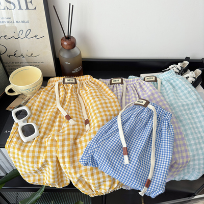 儿童裤子夏季方格时尚豹纹防蚊裤男女童薄款灯笼裤百搭外穿束脚裤