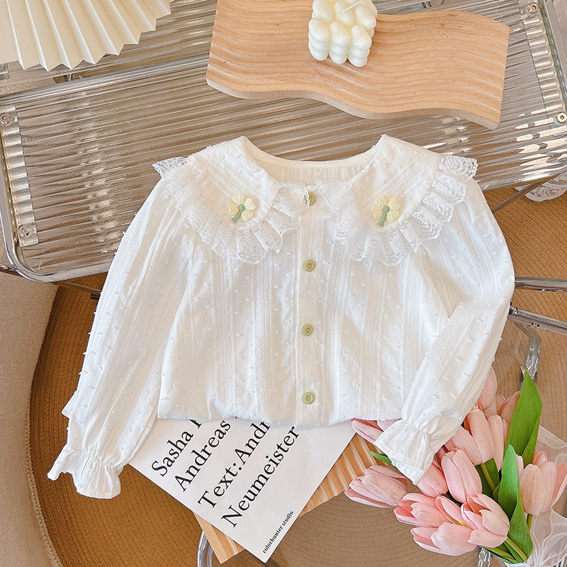 女童衬衫春秋季新款纯棉衬衣衬衫春秋长袖女童娃娃领蕾丝花边上衣