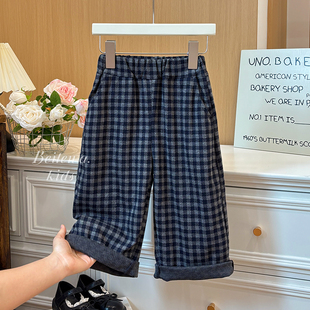 女童黑色格子休闲裤直筒裤子新款秋季百搭女宝宝韩版休闲时尚洋气