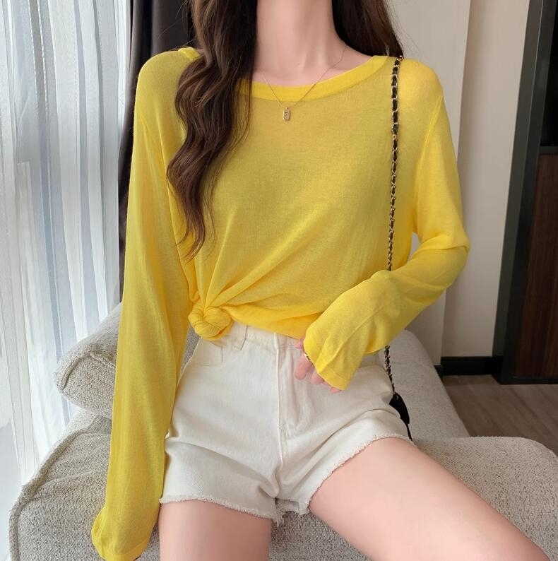 宽松显瘦糖果色长袖短款T恤女夏季薄款冰丝防晒空调罩衫针织上衣