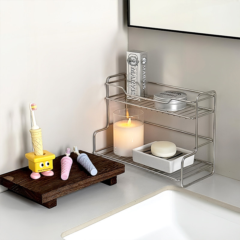 极简ins洗漱台置物架不锈钢台面收纳浴室洗手台洗漱用品沥水收纳