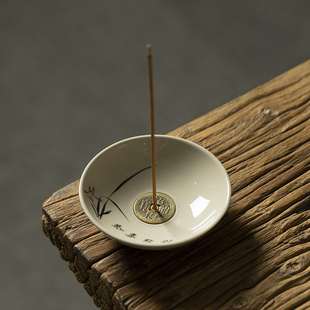 香插線香碟圓型底座香立銅錢古風(fēng)草木灰白色香爐小號(hào)迷你便攜香座