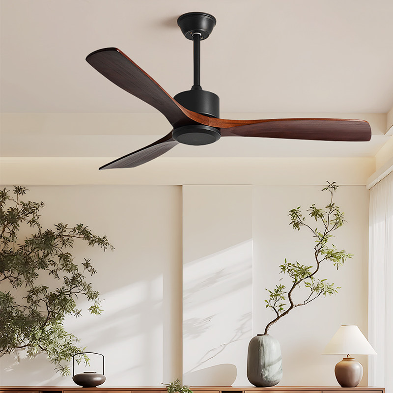 黑色吊扇中古风吊扇灯实木风扇灯餐厅客厅大风力电扇灯卧室静音