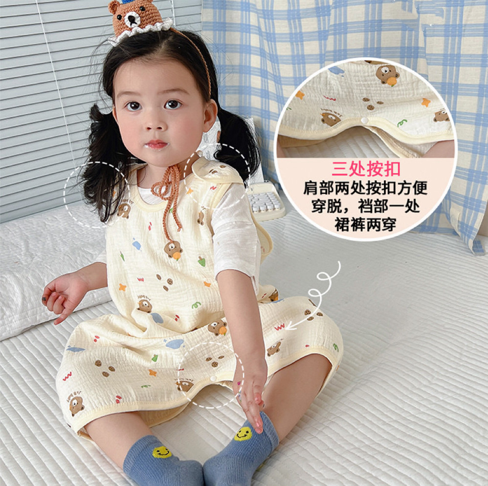 女宝睡袋夏季纱布背心式纯棉无骨护肚防着凉睡衣男宝宝无袖连体衣