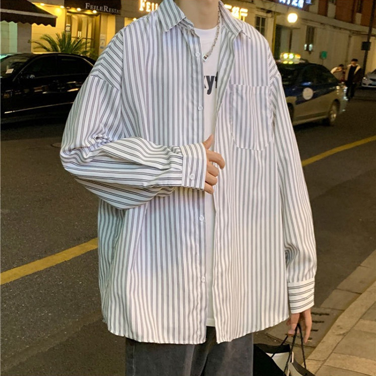 原宿ins潮牌条纹衬衫男长袖韩版