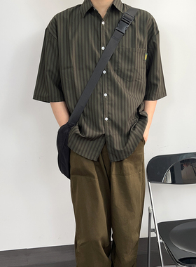 美式复古小众设计军绿色条纹衬衫男短袖夏季宽松休闲工装衬衣外套