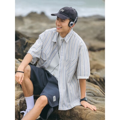 日系复古竖条纹短袖衬衫男生夏季