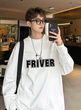 美式复古潮牌长袖T恤男春秋2026新款简约字母印花宽松休闲打底衫