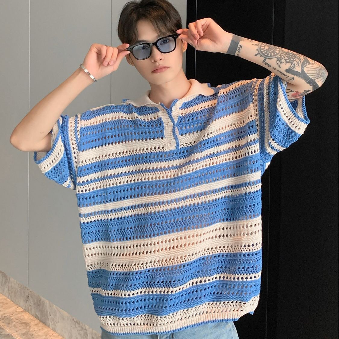 条纹镂空撞色针织polo衫男生夏季