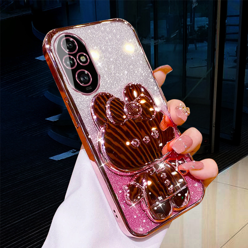 华为荣耀200手机壳200Pro网红创意硅胶超薄保护套Honor90/80/70电镀支架软壳带镜子60SE电镀闪粉50SE防摔女款