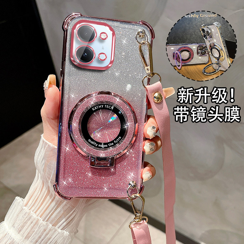 闪粉支架斜跨适用于vivoY60手机壳带镜头膜Y500Pro时尚女款Y300Pro+气囊防摔Y200i全包镜头Y100新款Y78+Y77e