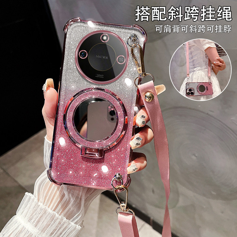 适用华为荣耀X60手机壳带镜头膜防摔X60i气囊硅胶超薄X50GT/X50Pro斜跨女款X40镜子磁吸支架X30闪粉透明挂绳