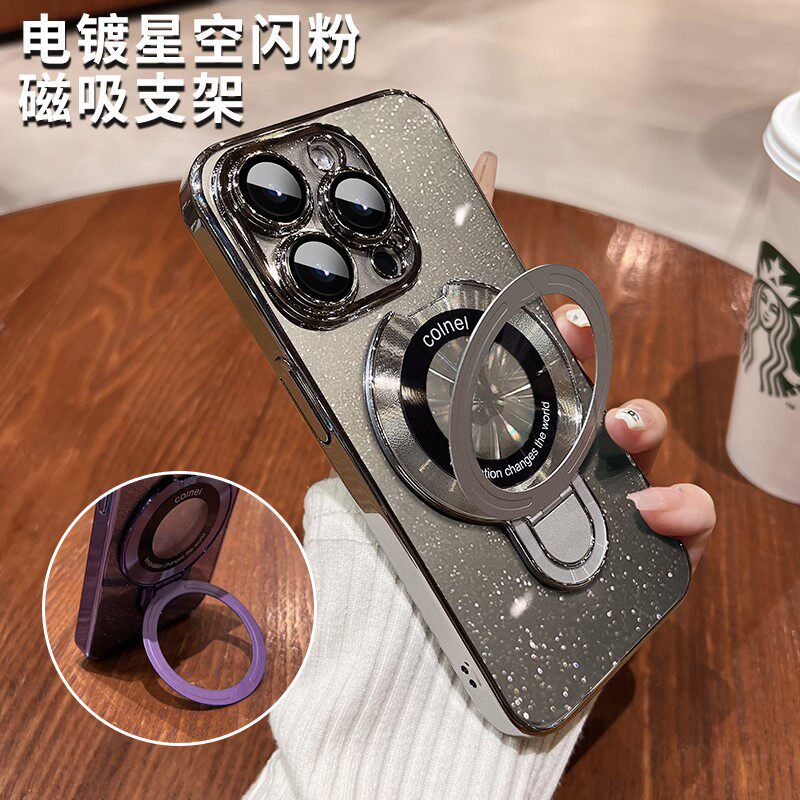 适用苹果15promax手机壳新款iphone14星空闪粉磁吸支架高级感13带镜头膜全包防摔12pm超薄透明por高档男女款