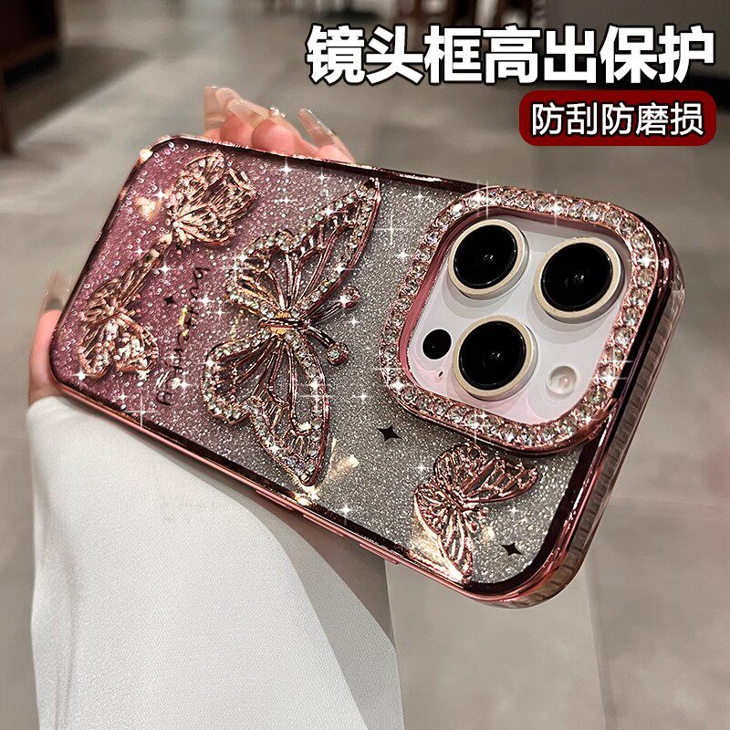 带镜头膜适用苹果16手机壳时尚镶钻iPhone15ProMax创意网红女款14Plus全包13硅胶保护套12闪粉11超薄防摔软壳