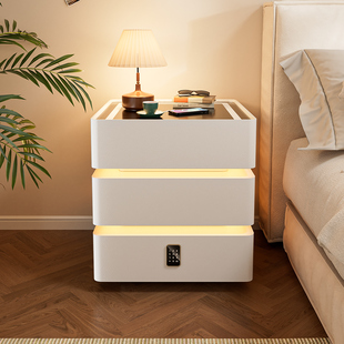 智能床头柜实木多功能储物床边柜卧室收纳简约现代白色小户型多层