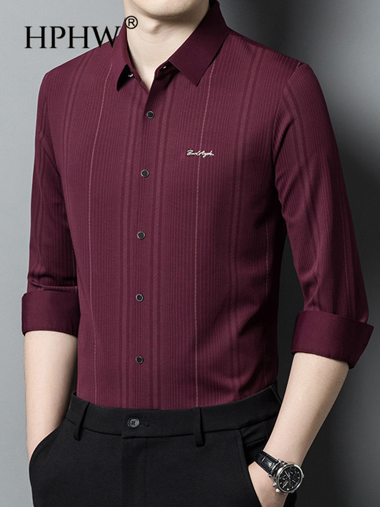 2025春秋季新款长袖衬衫男喜公公上衣中年男装红色休闲无痕衬衣