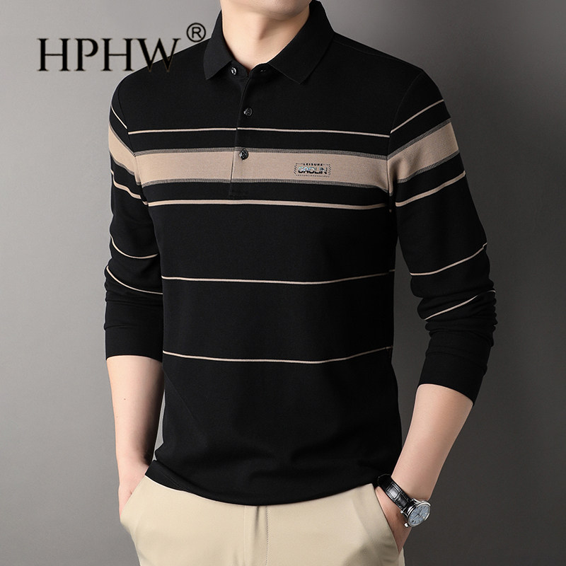 中年男士翻领条纹长袖T恤2025春秋休闲宽松打底上衣爸爸Polo衫