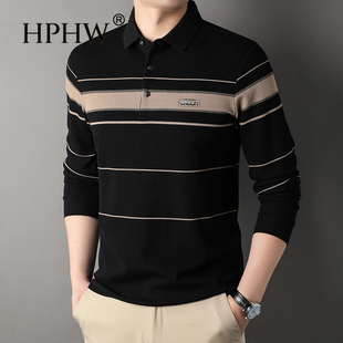中年男士翻领条纹长袖T恤2025春秋休闲宽松打底上衣爸爸Polo衫