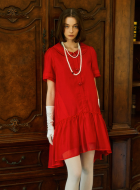 原创设计师款红色连衣裙复古裙圣诞红裙宽松休闲Nuages FrouFrou