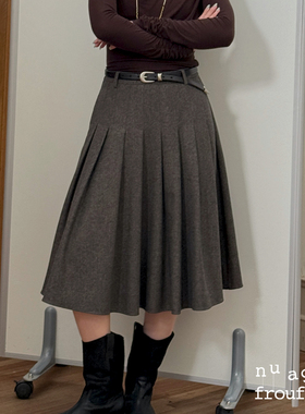 法式复古羊毛混纺半裙深灰色压褶裙冬保暖NuagesFroufrou现货速发
