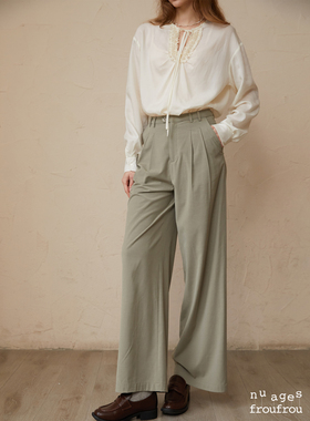 NuagesFroufrou阔腿长裤灰绿色宽松垂感法式复古休闲品质百搭新款