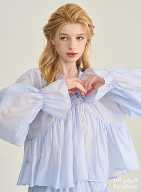 Nuages Froufrou设计感浅蓝色天丝微透春夏法式浪漫感宽松荷叶边