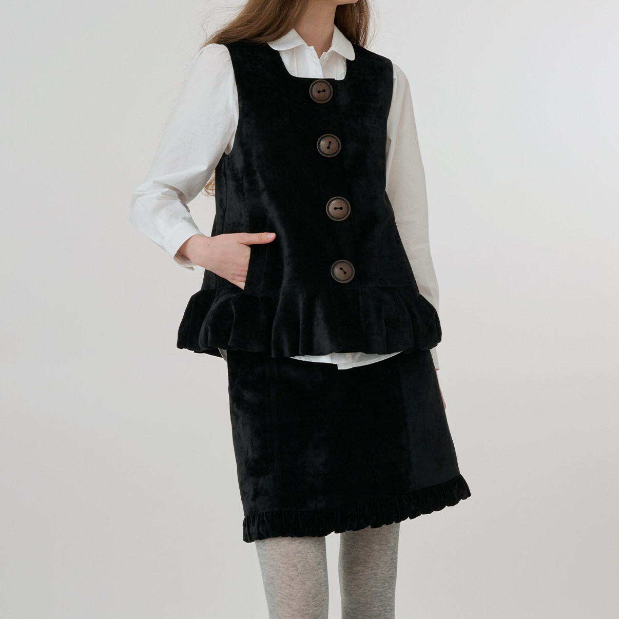 法式复古黑色丝绒马甲套装