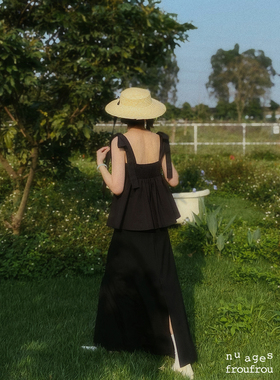 Nuages Froufrou法式复古黑色蝴蝶结吊带打揽上衣显瘦浪漫高级感