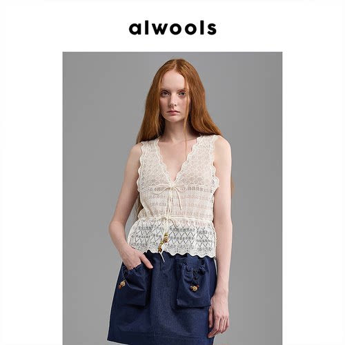 ALWOOLS26春夏新品钩针复古镂空波浪边系带收腰马甲背心