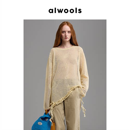 ALWOOLS2026春夏新品不规则木耳边网眼针织套头衫