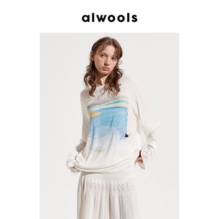 ALWOOLS2025春夏新品 夏日泳池印花长袖 T恤休闲上衣女装 设计师款