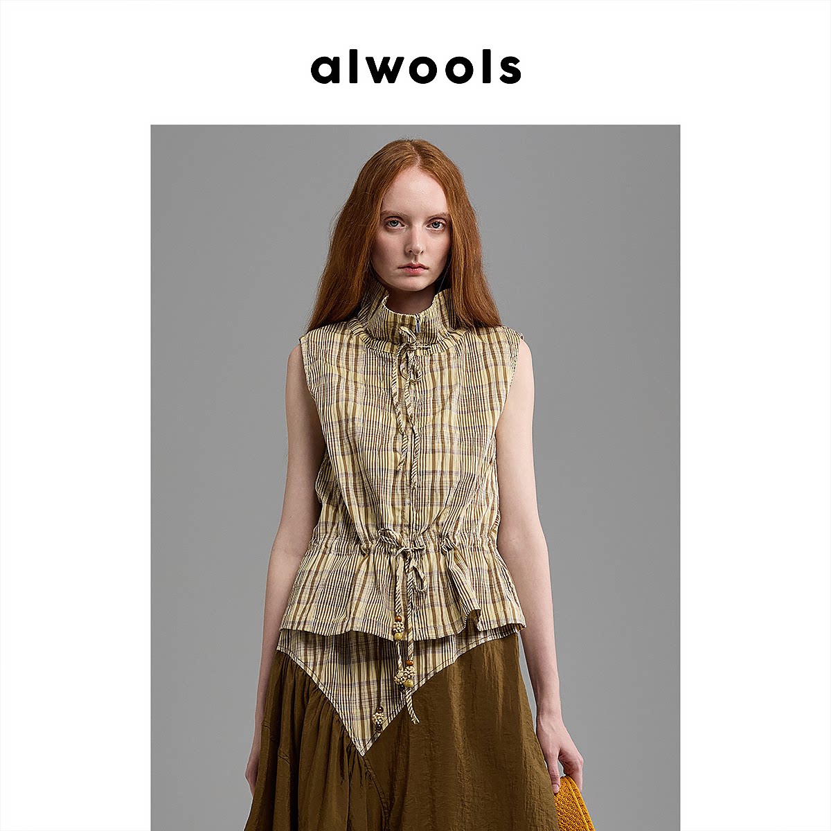 ALWOOLS26春夏皱感格纹抽绳无袖背心马甲