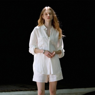 白色亚麻老钱风衬衫女春夏季休闲慵懒高级感棉麻衬衣短裤防晒套装