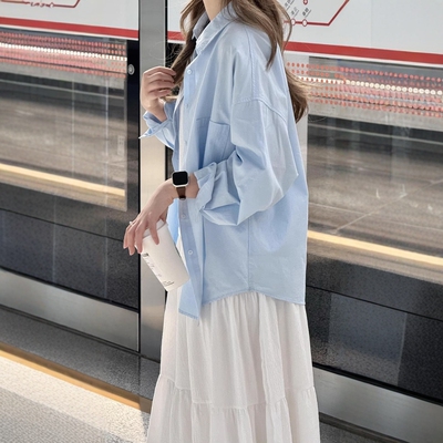 法式慵懒松弛感蓝色防晒衬衫女