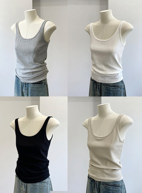 灰色u领螺纹棉吊带背心女夏季韩版简约百搭显瘦白色打底无袖上衣