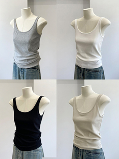 灰色u领螺纹棉吊带背心女夏季韩版简约百搭显瘦白色打底无袖上衣