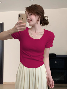 火龙果色纯棉T恤女2025夏季新款修身收腰设计感U领正肩短袖上衣女