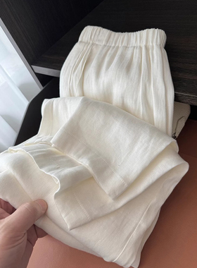 白色奶芙裤女夏季薄款宽松显瘦高腰垂感棉麻阔腿裤休闲直筒长裤子
