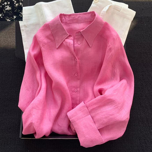 树莓粉色亚麻衬衫女夏季法式高级感宽松休闲高端衬衣长袖防晒上衣