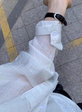 白色薄款长袖防晒亚麻衬衫女夏季宽松气质慵懒风棉麻衬衣外搭上衣